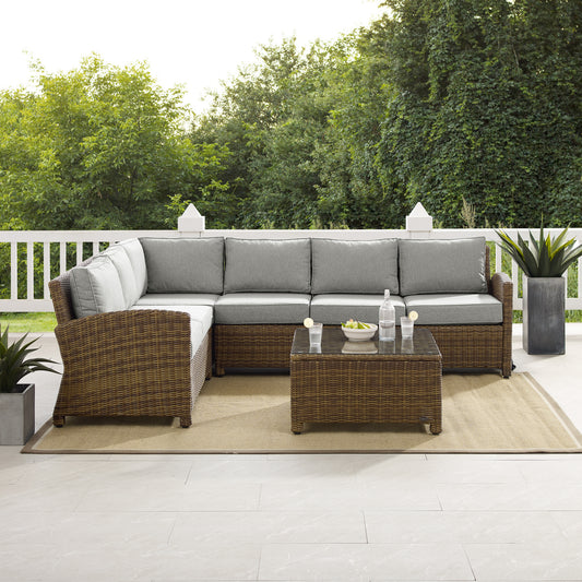 Bradenton 5Pc Outdoor Wicker Sectional Set Gray/Weathered Brown - Right Side Loveseat, Left Side Loveseat, Corner Chair, Center Chair, & Sectional Glass Top Coffee Table