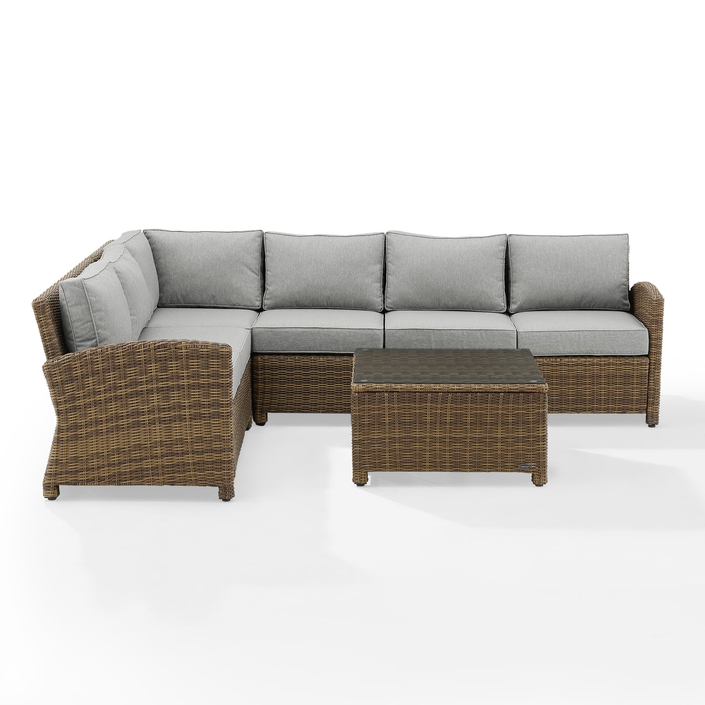 Bradenton 5Pc Outdoor Wicker Sectional Set Gray/Weathered Brown - Right Side Loveseat, Left Side Loveseat, Corner Chair, Center Chair, & Sectional Glass Top Coffee Table