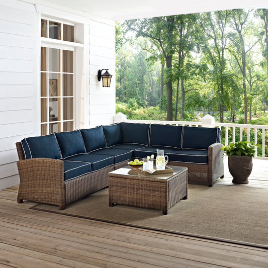 Bradenton 5Pc Outdoor Wicker Sectional Set Navy/Weathered Brown - Right Side Loveseat, Left Side Loveseat, Corner Chair, Center Chair, & Sectional Glass Top Coffee Table