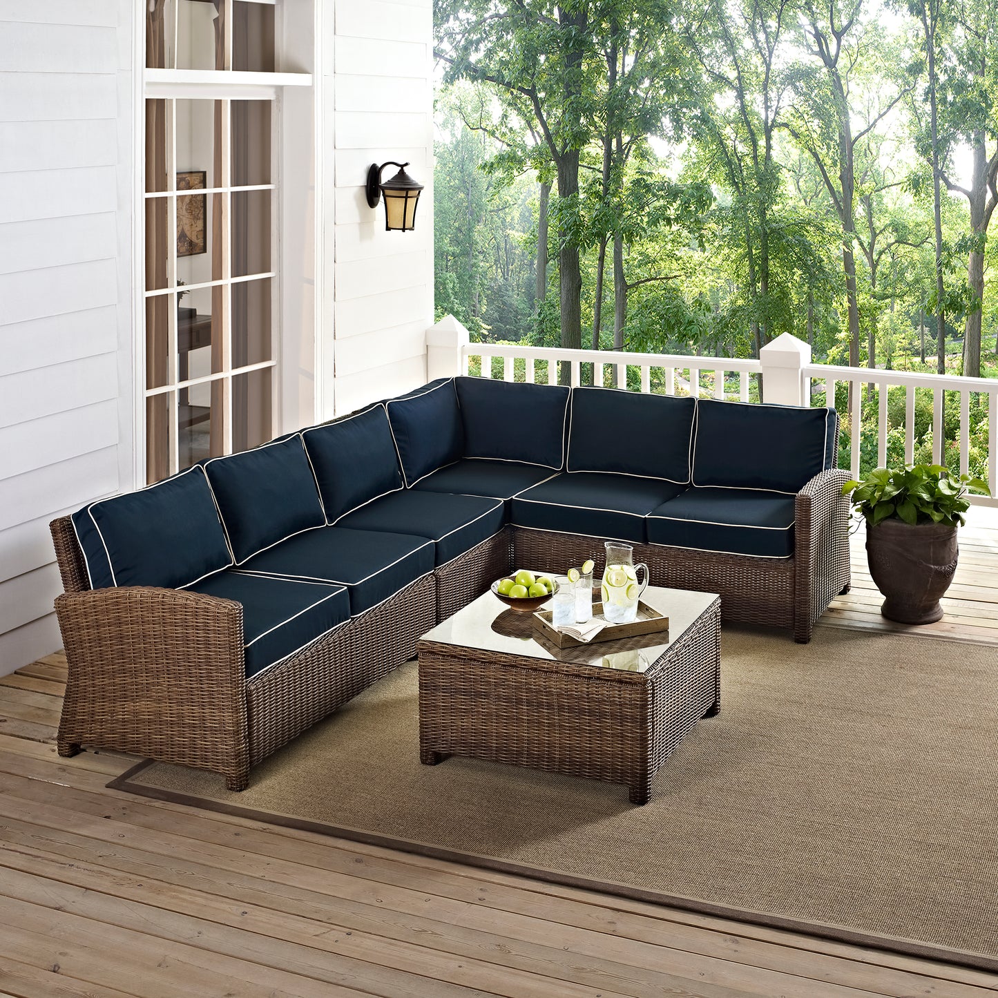 Bradenton 5Pc Outdoor Wicker Sectional Set Navy/Weathered Brown - Right Side Loveseat, Left Side Loveseat, Corner Chair, Center Chair, & Sectional Glass Top Coffee Table