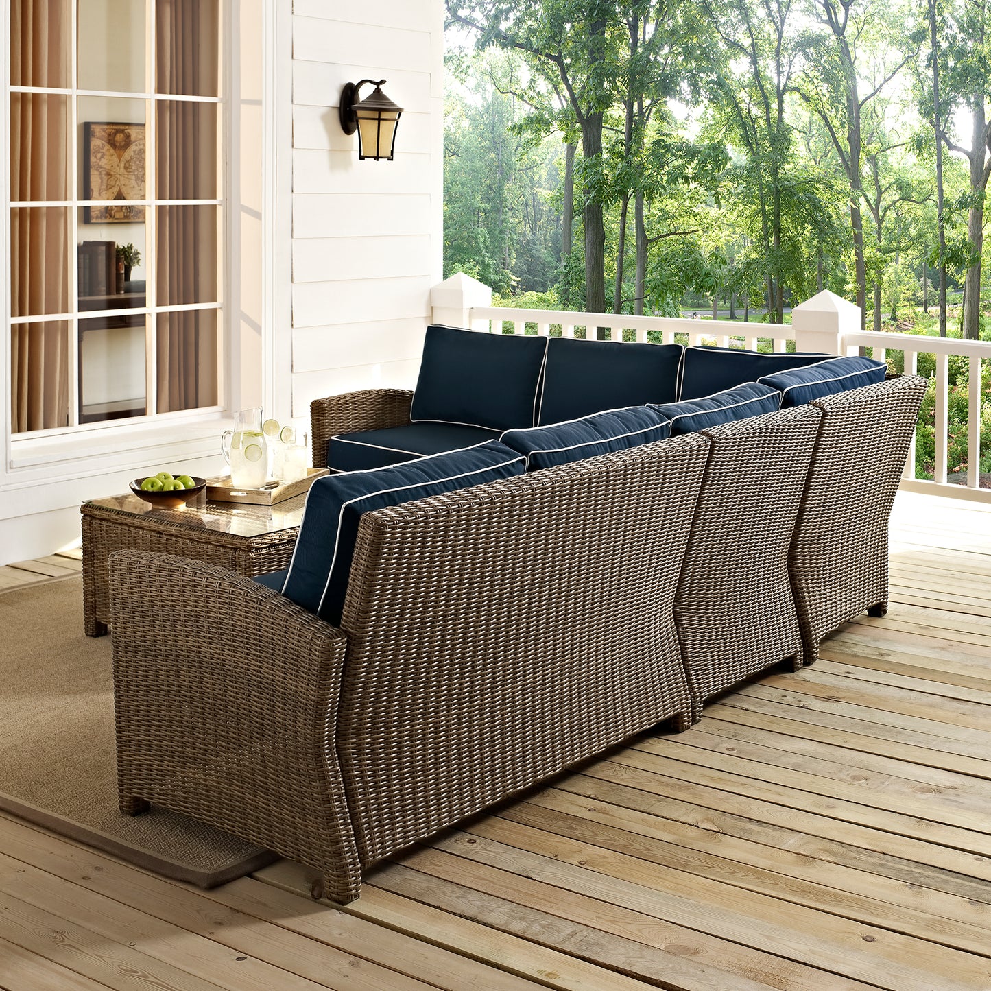 Bradenton 5Pc Outdoor Wicker Sectional Set Navy/Weathered Brown - Right Side Loveseat, Left Side Loveseat, Corner Chair, Center Chair, & Sectional Glass Top Coffee Table