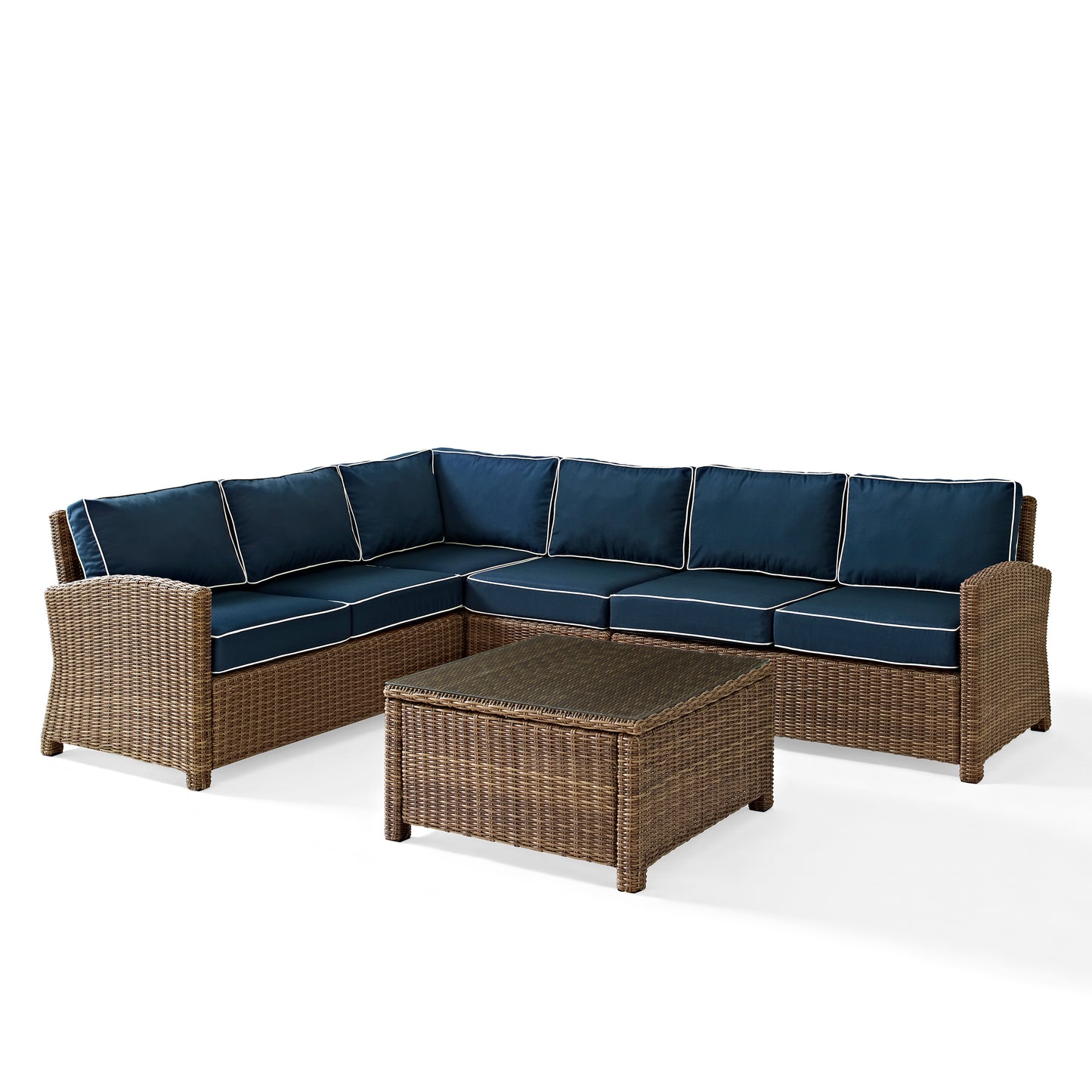 Bradenton 5Pc Outdoor Wicker Sectional Set Navy/Weathered Brown - Right Side Loveseat, Left Side Loveseat, Corner Chair, Center Chair, & Sectional Glass Top Coffee Table