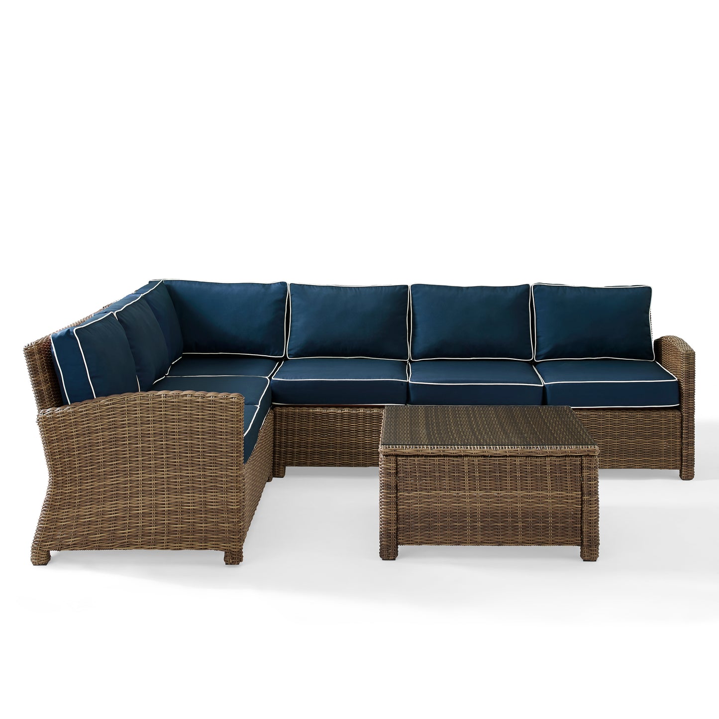 Bradenton 5Pc Outdoor Wicker Sectional Set Navy/Weathered Brown - Right Side Loveseat, Left Side Loveseat, Corner Chair, Center Chair, & Sectional Glass Top Coffee Table