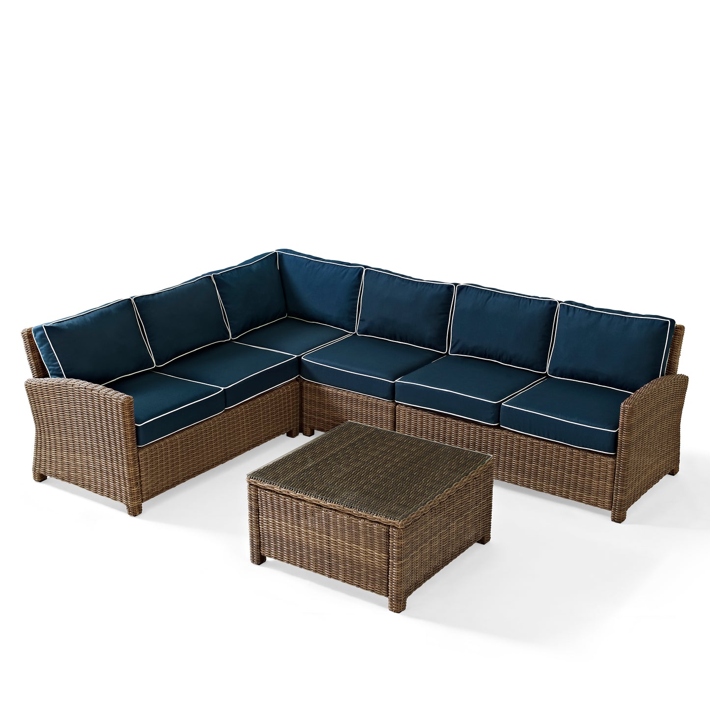 Bradenton 5Pc Outdoor Wicker Sectional Set Navy/Weathered Brown - Right Side Loveseat, Left Side Loveseat, Corner Chair, Center Chair, & Sectional Glass Top Coffee Table