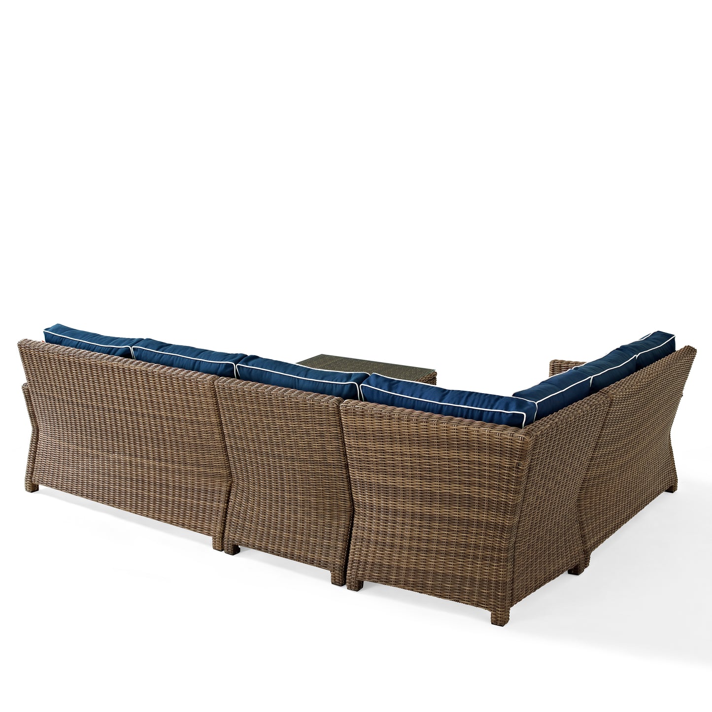 Bradenton 5Pc Outdoor Wicker Sectional Set Navy/Weathered Brown - Right Side Loveseat, Left Side Loveseat, Corner Chair, Center Chair, & Sectional Glass Top Coffee Table