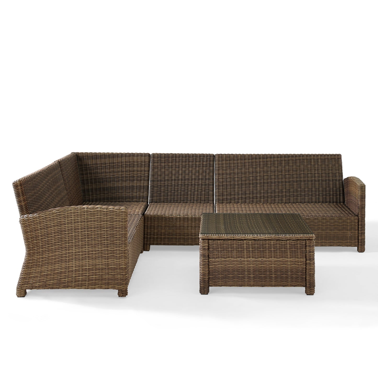 Bradenton 5Pc Outdoor Wicker Sectional Set Navy/Weathered Brown - Right Side Loveseat, Left Side Loveseat, Corner Chair, Center Chair, & Sectional Glass Top Coffee Table