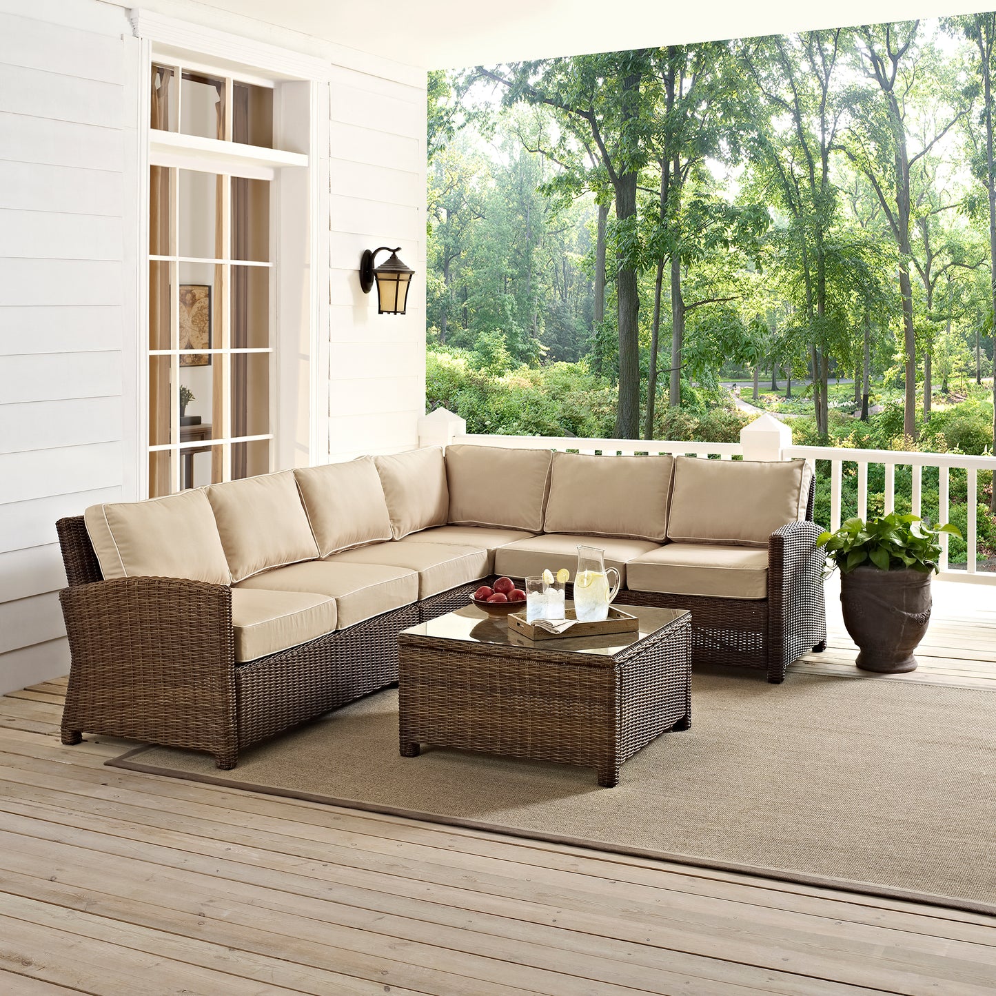 Bradenton 5Pc Outdoor Wicker Sectional Set Sand/Weathered Brown - Right Side Loveseat, Left Side Loveseat, Corner Chair, Center Chair, & Sectional Glass Top Coffee Table