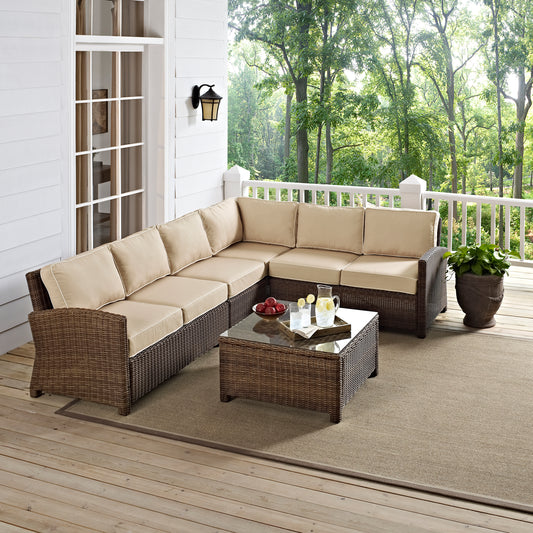 Bradenton 5Pc Outdoor Wicker Sectional Set Sand/Weathered Brown - Right Side Loveseat, Left Side Loveseat, Corner Chair, Center Chair, & Sectional Glass Top Coffee Table