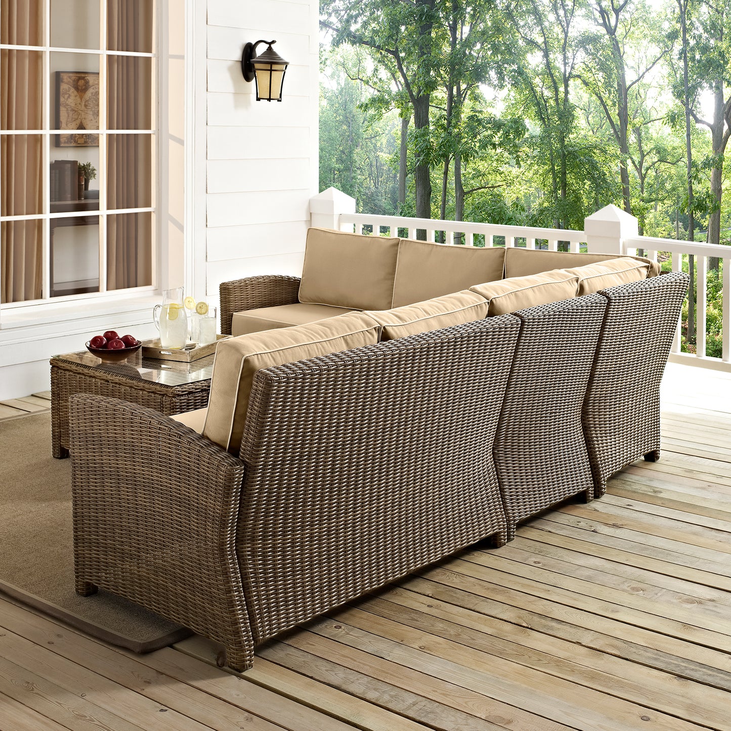 Bradenton 5Pc Outdoor Wicker Sectional Set Sand/Weathered Brown - Right Side Loveseat, Left Side Loveseat, Corner Chair, Center Chair, & Sectional Glass Top Coffee Table