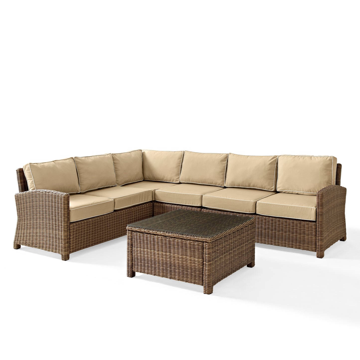 Bradenton 5Pc Outdoor Wicker Sectional Set Sand/Weathered Brown - Right Side Loveseat, Left Side Loveseat, Corner Chair, Center Chair, & Sectional Glass Top Coffee Table