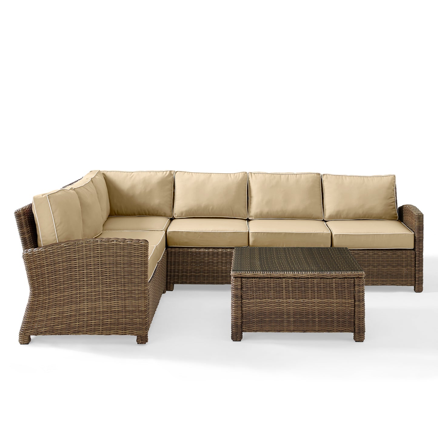 Bradenton 5Pc Outdoor Wicker Sectional Set Sand/Weathered Brown - Right Side Loveseat, Left Side Loveseat, Corner Chair, Center Chair, & Sectional Glass Top Coffee Table