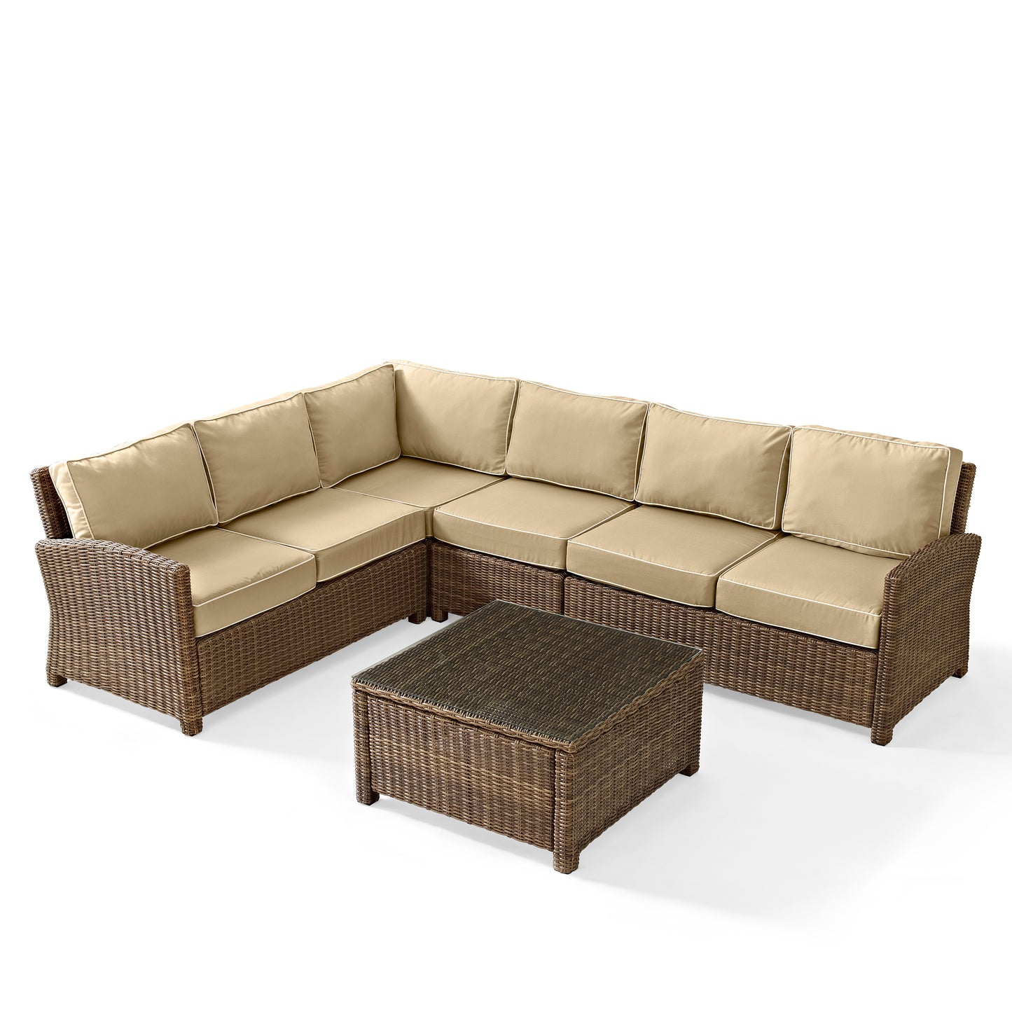 Bradenton 5Pc Outdoor Wicker Sectional Set Sand/Weathered Brown - Right Side Loveseat, Left Side Loveseat, Corner Chair, Center Chair, & Sectional Glass Top Coffee Table