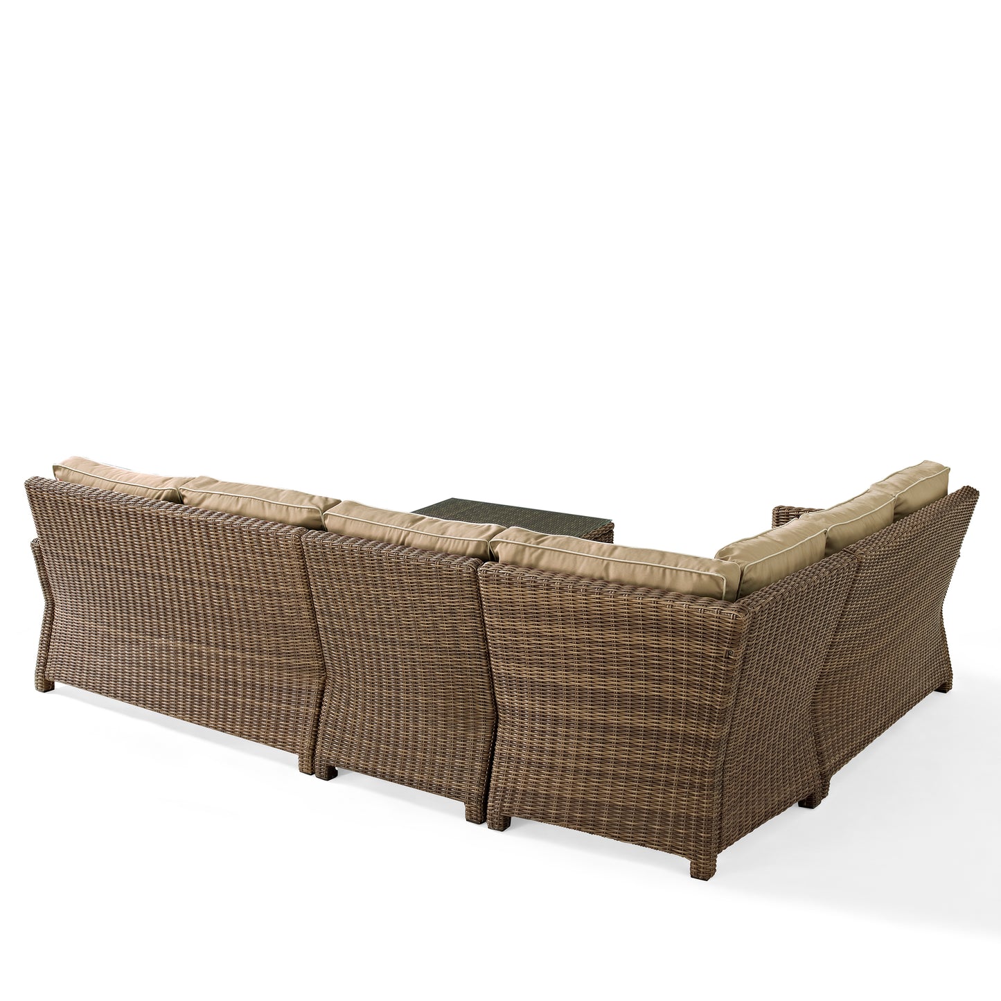 Bradenton 5Pc Outdoor Wicker Sectional Set Sand/Weathered Brown - Right Side Loveseat, Left Side Loveseat, Corner Chair, Center Chair, & Sectional Glass Top Coffee Table