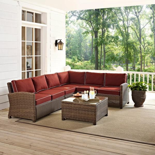 Bradenton 5Pc Outdoor Wicker Sectional Set Sangria/Weathered Brown - Right Side Loveseat, Left Side Loveseat, Corner Chair, Center Chair, & Sectional Glass Top Coffee Table