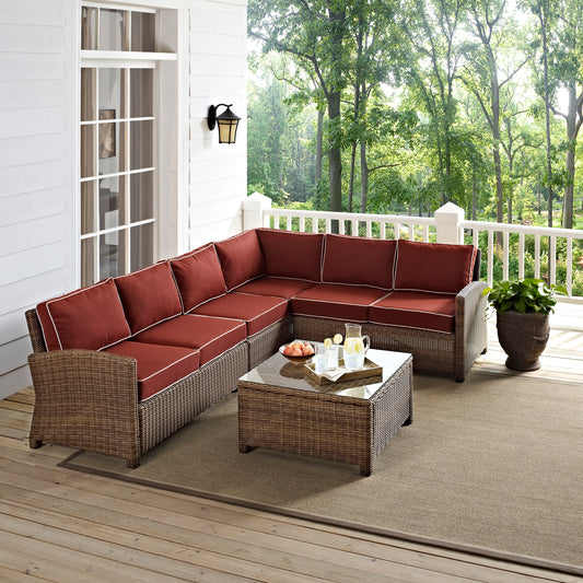 Bradenton 5Pc Outdoor Wicker Sectional Set Sangria/Weathered Brown - Right Side Loveseat, Left Side Loveseat, Corner Chair, Center Chair, & Sectional Glass Top Coffee Table