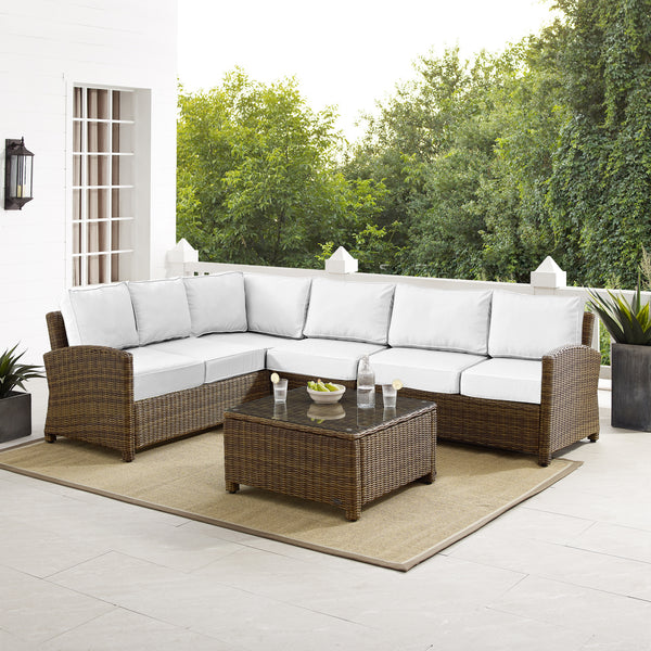 Bradenton 5Pc Outdoor Sectional Set - Sunbrella White/Weathered Brown - Right Side Loveseat, Left Side Loveseat, Corner Chair, Center Chair, & Sectional Glass Top Coffee Table