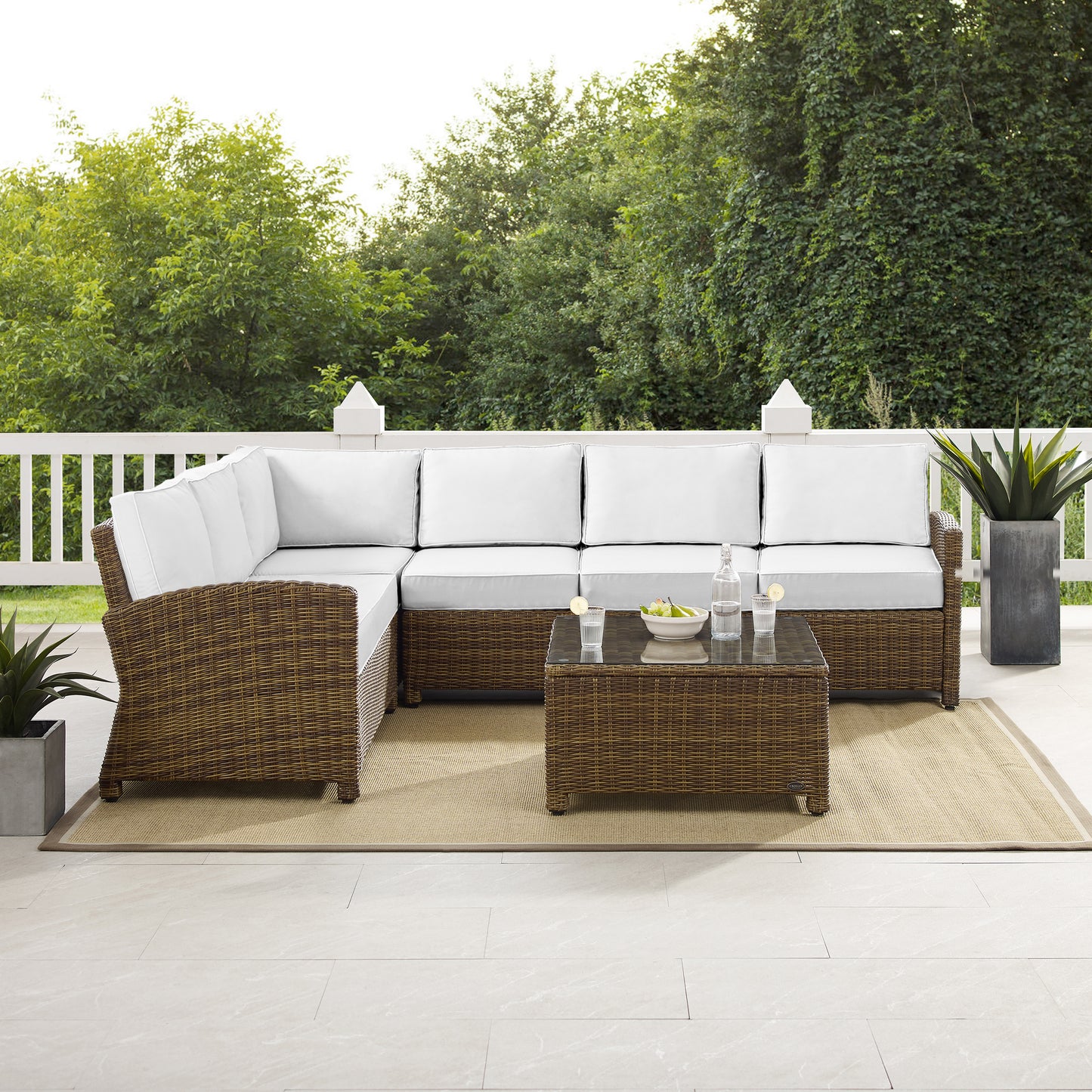 Bradenton 5Pc Outdoor Sectional Set - Sunbrella White/Weathered Brown - Right Side Loveseat, Left Side Loveseat, Corner Chair, Center Chair, & Sectional Glass Top Coffee Table