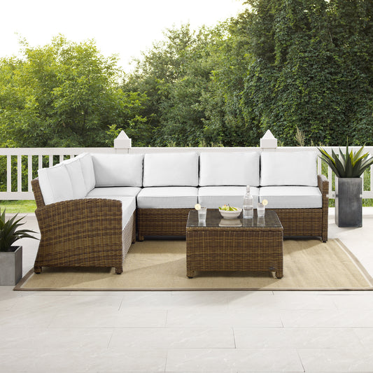 Bradenton 5Pc Outdoor Sectional Set - Sunbrella White/Weathered Brown - Right Side Loveseat, Left Side Loveseat, Corner Chair, Center Chair, & Sectional Glass Top Coffee Table