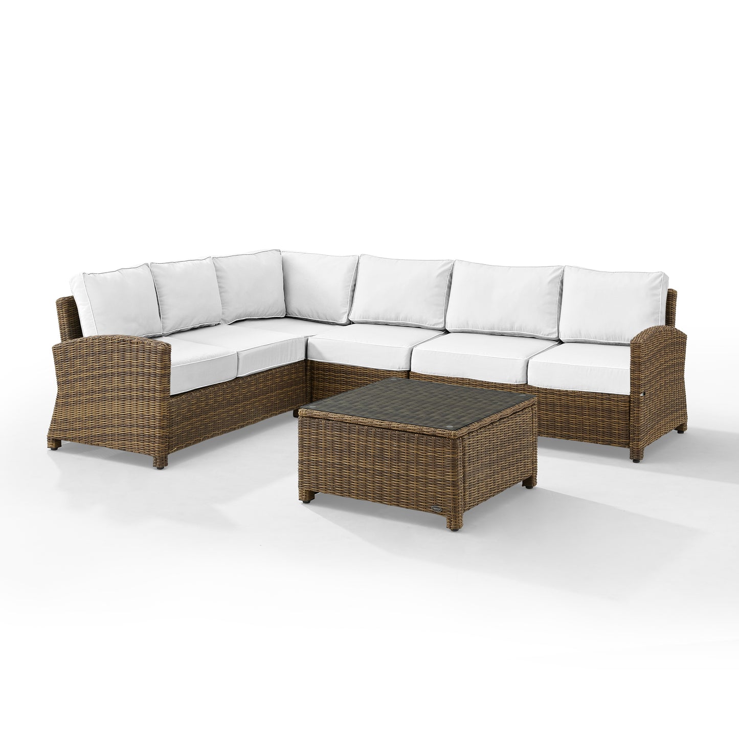 Bradenton 5Pc Outdoor Sectional Set - Sunbrella White/Weathered Brown - Right Side Loveseat, Left Side Loveseat, Corner Chair, Center Chair, & Sectional Glass Top Coffee Table