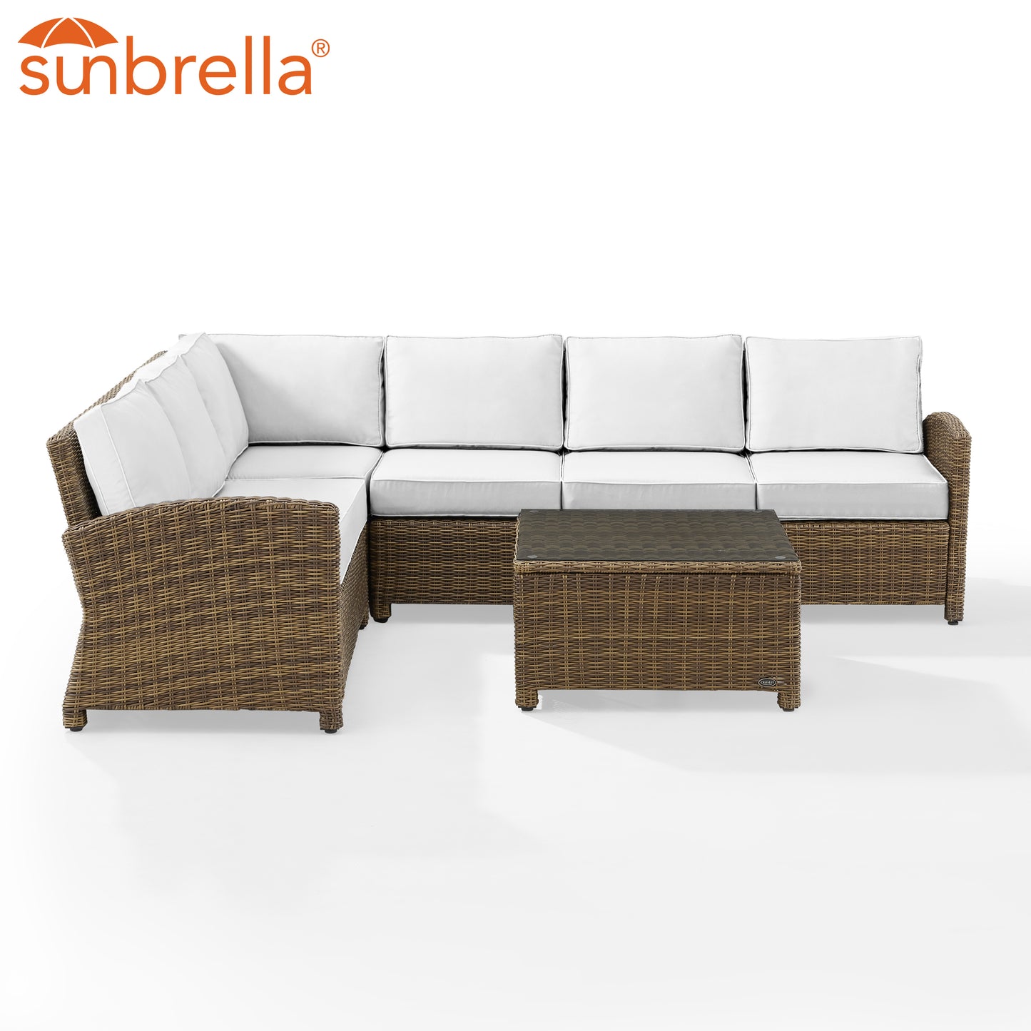 Bradenton 5Pc Outdoor Sectional Set - Sunbrella White/Weathered Brown - Right Side Loveseat, Left Side Loveseat, Corner Chair, Center Chair, & Sectional Glass Top Coffee Table