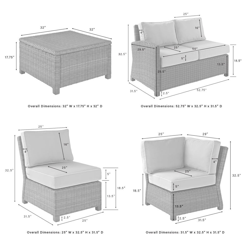 Bradenton 5Pc Outdoor Sectional Set - Sunbrella White/Weathered Brown - Right Side Loveseat, Left Side Loveseat, Corner Chair, Center Chair, & Sectional Glass Top Coffee Table