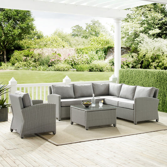 Bradenton 5Pc Outdoor Wicker Sectional Set Gray/Gray - Right Side Loveseat, Left Side Loveseat, Corner Chair, Arm Chair, & Sectional Glass Top Coffee Table