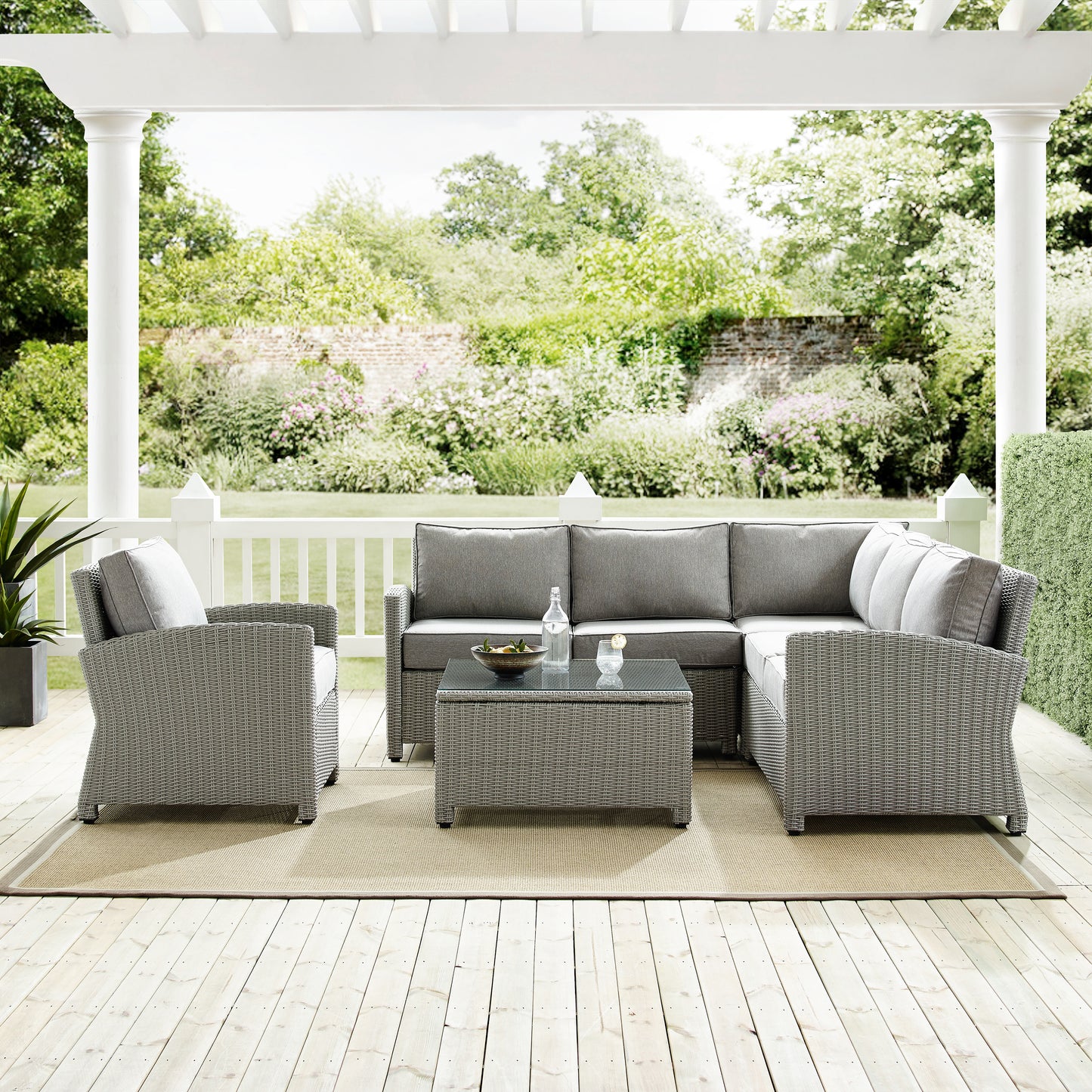 Bradenton 5Pc Outdoor Wicker Sectional Set Gray/Gray - Right Side Loveseat, Left Side Loveseat, Corner Chair, Arm Chair, & Sectional Glass Top Coffee Table