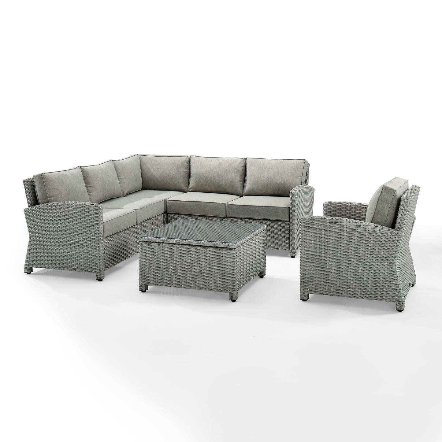 Bradenton 5Pc Outdoor Wicker Sectional Set Gray/Gray - Right Side Loveseat, Left Side Loveseat, Corner Chair, Arm Chair, & Sectional Glass Top Coffee Table