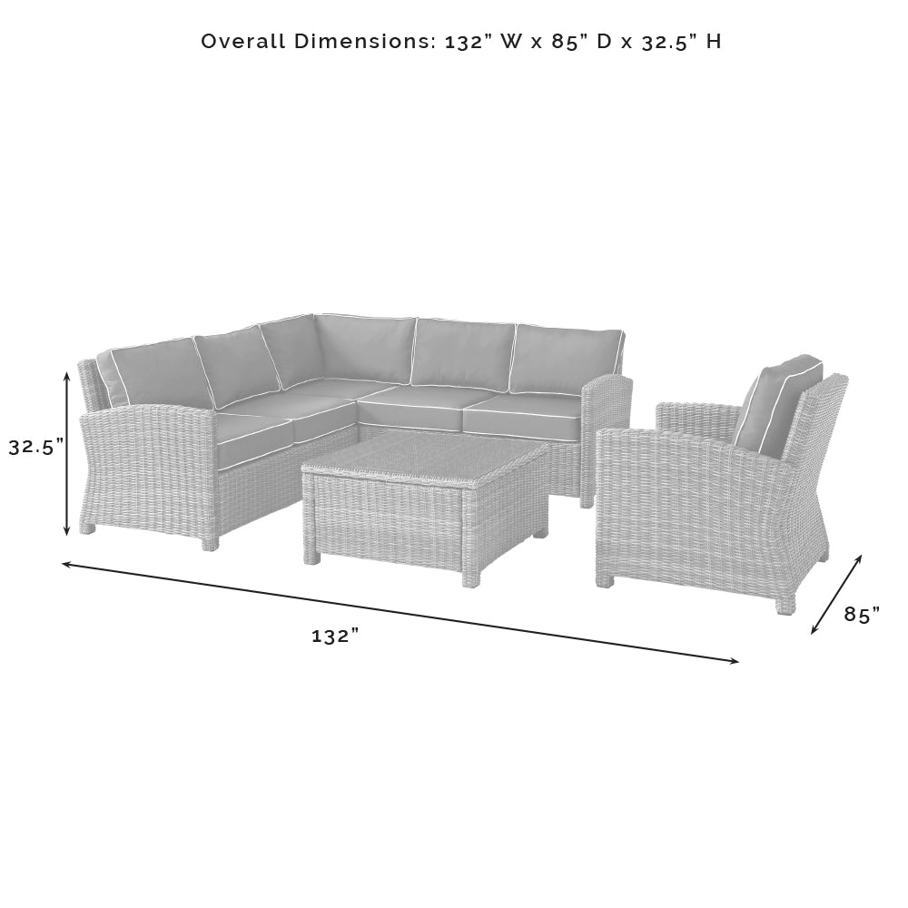 Bradenton 5Pc Outdoor Wicker Sectional Set Gray/Gray - Right Side Loveseat, Left Side Loveseat, Corner Chair, Arm Chair, & Sectional Glass Top Coffee Table