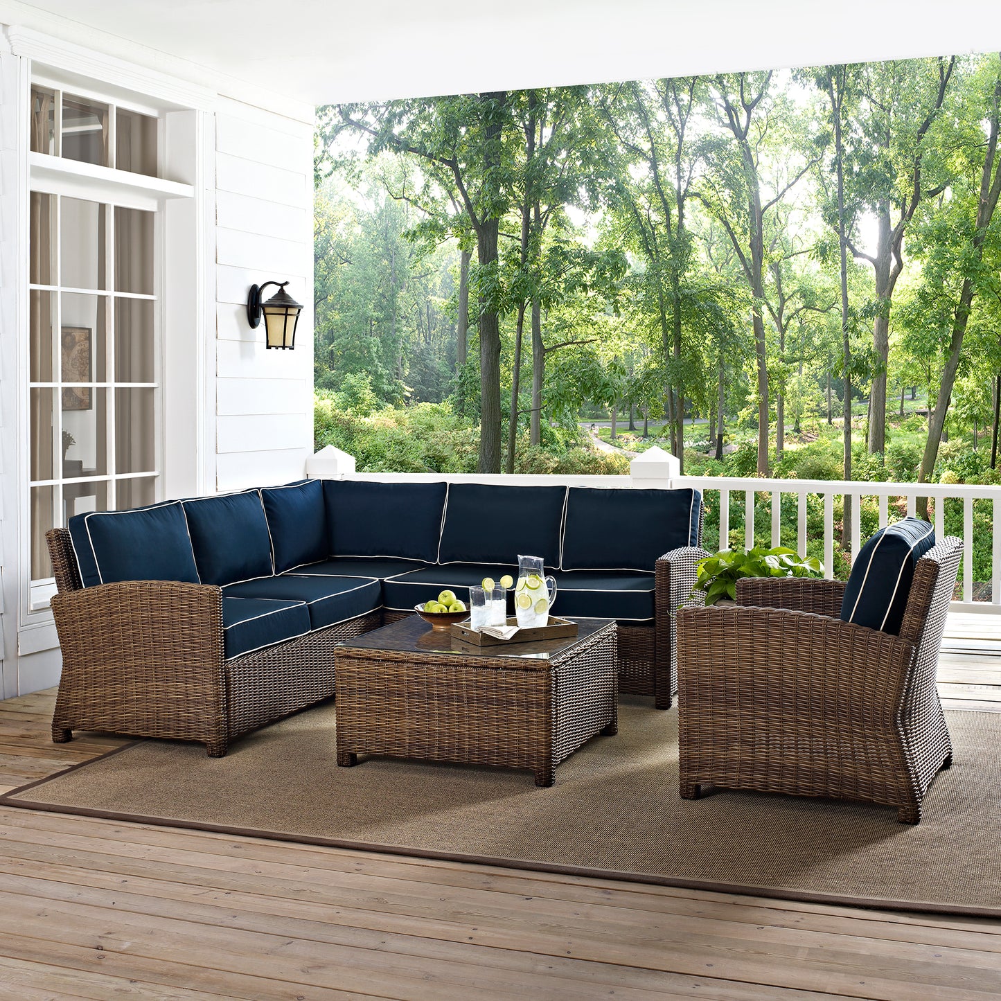 Bradenton 5Pc Outdoor Wicker Sectional Set Navy/Weathered Brown - Right Side Loveseat, Left Side Loveseat, Corner Chair, Arm Chair, & Sectional Glass Top Coffee Table