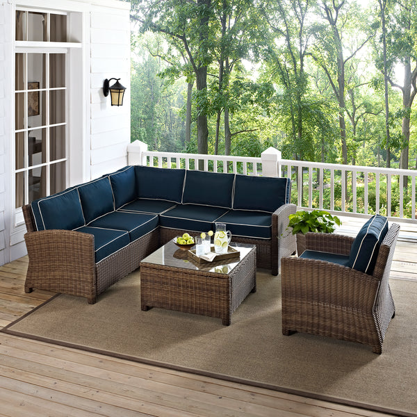 Bradenton 5Pc Outdoor Wicker Sectional Set Navy/Weathered Brown - Right Side Loveseat, Left Side Loveseat, Corner Chair, Arm Chair, & Sectional Glass Top Coffee Table