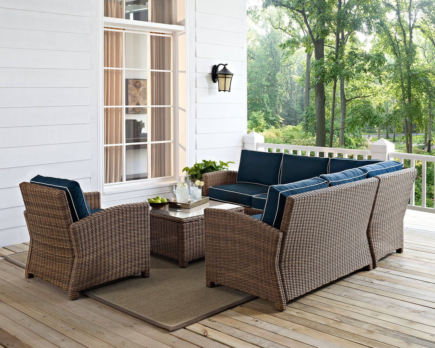 Bradenton 5Pc Outdoor Wicker Sectional Set Navy/Weathered Brown - Right Side Loveseat, Left Side Loveseat, Corner Chair, Arm Chair, & Sectional Glass Top Coffee Table