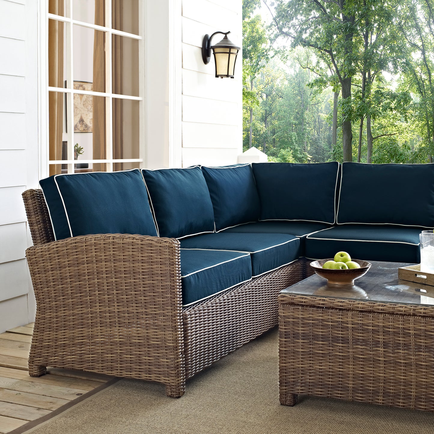 Bradenton 5Pc Outdoor Wicker Sectional Set Navy/Weathered Brown - Right Side Loveseat, Left Side Loveseat, Corner Chair, Arm Chair, & Sectional Glass Top Coffee Table