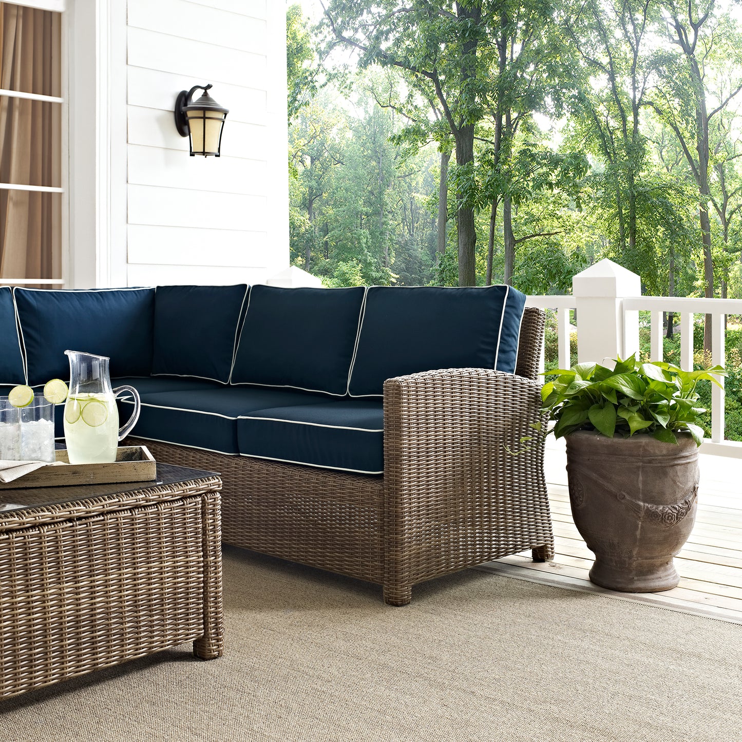 Bradenton 5Pc Outdoor Wicker Sectional Set Navy/Weathered Brown - Right Side Loveseat, Left Side Loveseat, Corner Chair, Arm Chair, & Sectional Glass Top Coffee Table