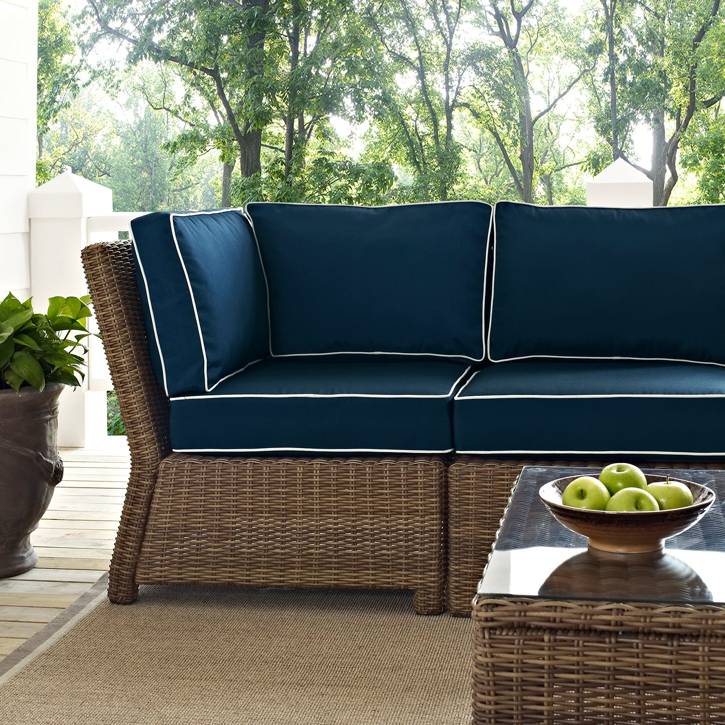 Bradenton 5Pc Outdoor Wicker Sectional Set Navy/Weathered Brown - Right Side Loveseat, Left Side Loveseat, Corner Chair, Arm Chair, & Sectional Glass Top Coffee Table