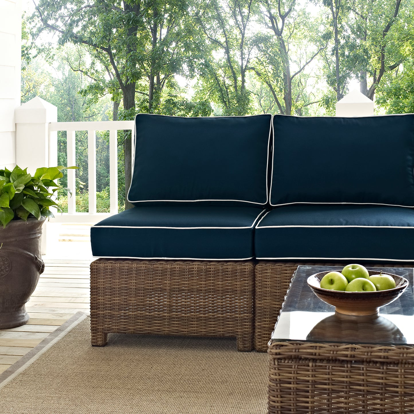 Bradenton 5Pc Outdoor Wicker Sectional Set Navy/Weathered Brown - Right Side Loveseat, Left Side Loveseat, Corner Chair, Arm Chair, & Sectional Glass Top Coffee Table