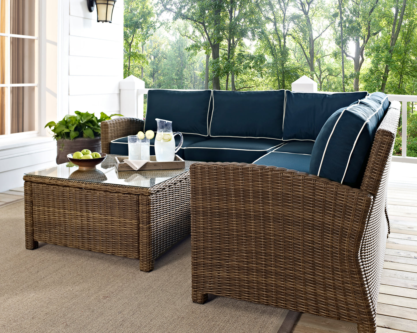 Bradenton 5Pc Outdoor Wicker Sectional Set Navy/Weathered Brown - Right Side Loveseat, Left Side Loveseat, Corner Chair, Arm Chair, & Sectional Glass Top Coffee Table