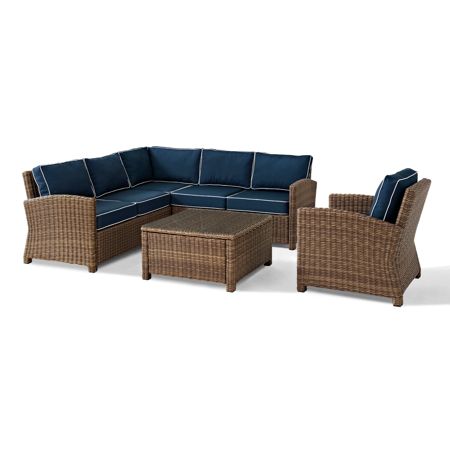 Bradenton 5Pc Outdoor Wicker Sectional Set Navy/Weathered Brown - Right Side Loveseat, Left Side Loveseat, Corner Chair, Arm Chair, & Sectional Glass Top Coffee Table