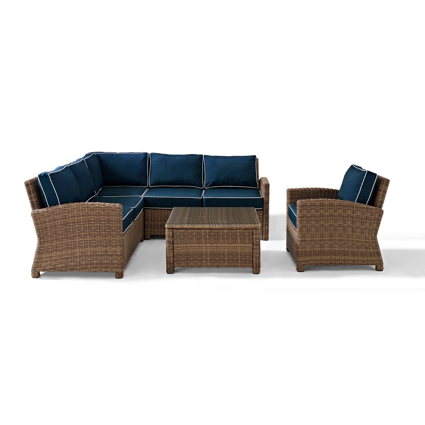 Bradenton 5Pc Outdoor Wicker Sectional Set Navy/Weathered Brown - Right Side Loveseat, Left Side Loveseat, Corner Chair, Arm Chair, & Sectional Glass Top Coffee Table