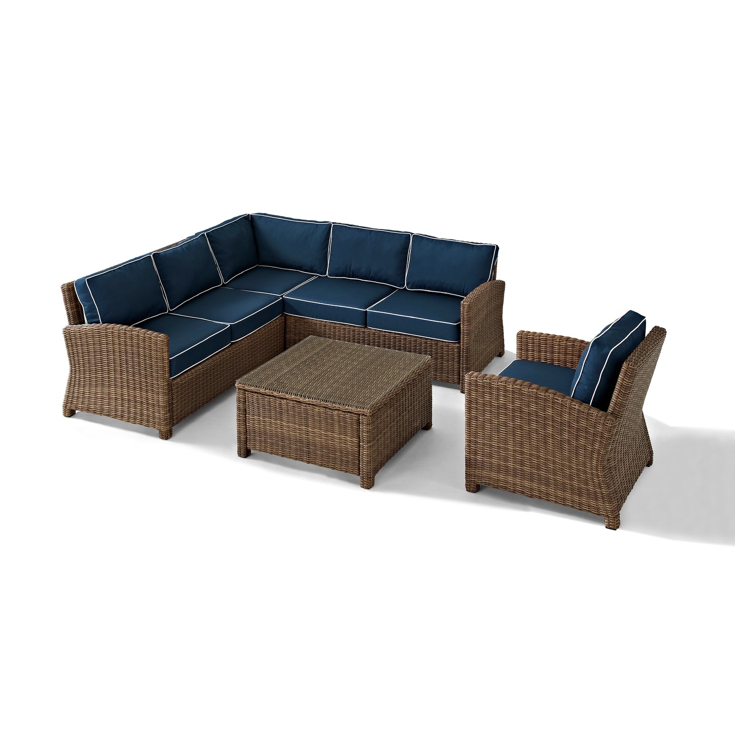 Bradenton 5Pc Outdoor Wicker Sectional Set Navy/Weathered Brown - Right Side Loveseat, Left Side Loveseat, Corner Chair, Arm Chair, & Sectional Glass Top Coffee Table