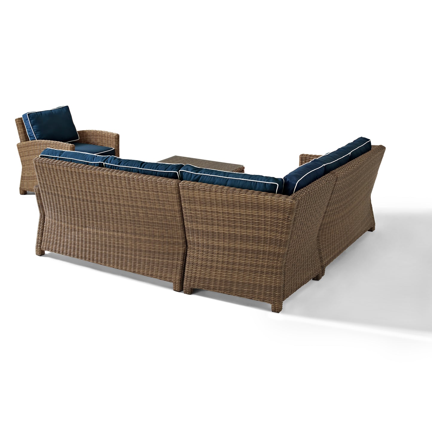 Bradenton 5Pc Outdoor Wicker Sectional Set Navy/Weathered Brown - Right Side Loveseat, Left Side Loveseat, Corner Chair, Arm Chair, & Sectional Glass Top Coffee Table