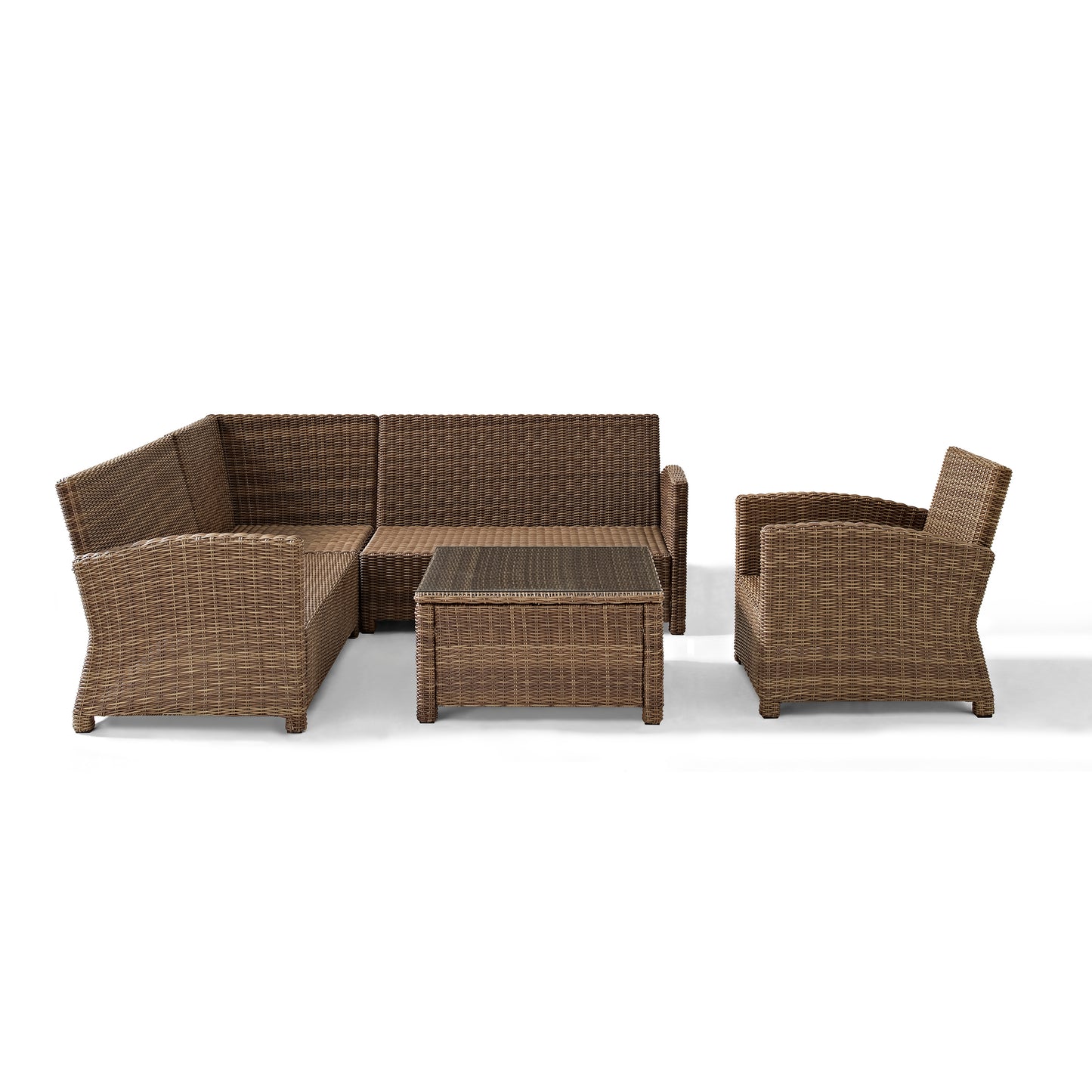 Bradenton 5Pc Outdoor Wicker Sectional Set Navy/Weathered Brown - Right Side Loveseat, Left Side Loveseat, Corner Chair, Arm Chair, & Sectional Glass Top Coffee Table