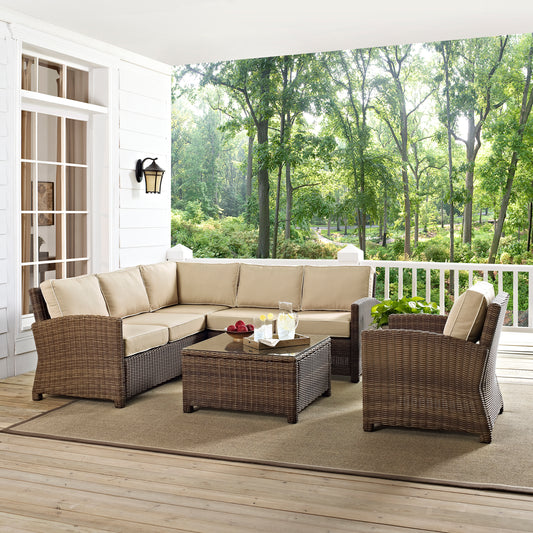 Bradenton 5Pc Outdoor Wicker Sectional Set Sand/Weathered Brown - Right Side Loveseat, Left Side Loveseat, Corner Chair, Arm Chair, & Sectional Glass Top Coffee Table