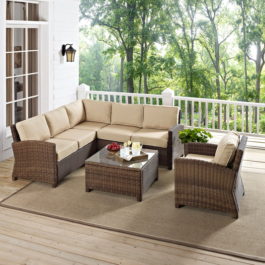 Bradenton 5Pc Outdoor Wicker Sectional Set Sand/Weathered Brown - Right Side Loveseat, Left Side Loveseat, Corner Chair, Arm Chair, & Sectional Glass Top Coffee Table