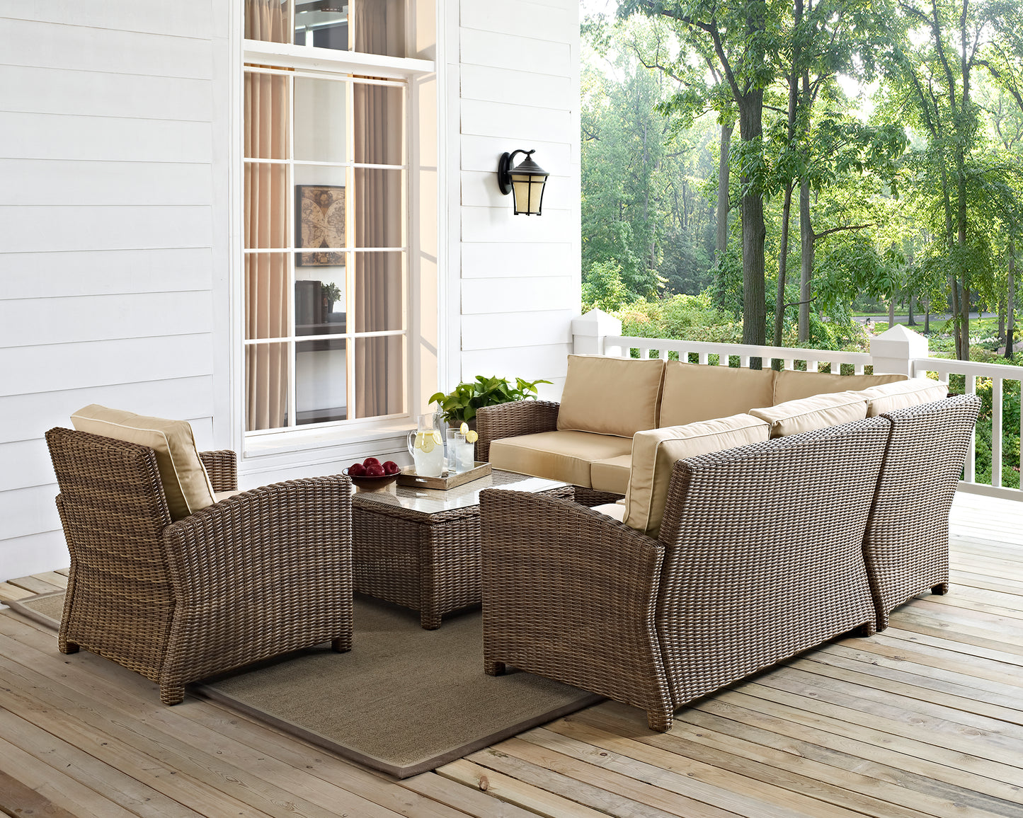 Bradenton 5Pc Outdoor Wicker Sectional Set Sand/Weathered Brown - Right Side Loveseat, Left Side Loveseat, Corner Chair, Arm Chair, & Sectional Glass Top Coffee Table