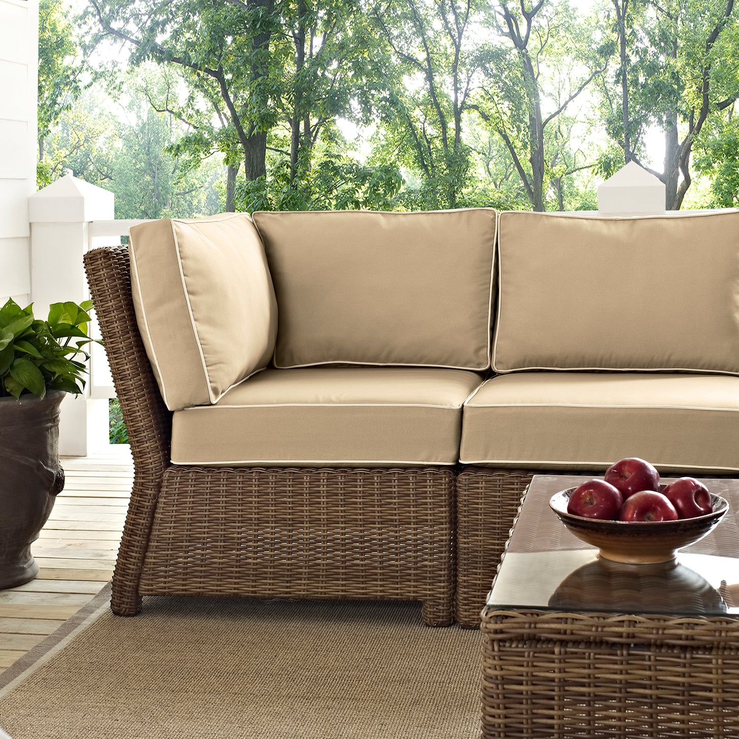 Bradenton 5Pc Outdoor Wicker Sectional Set Sand/Weathered Brown - Right Side Loveseat, Left Side Loveseat, Corner Chair, Arm Chair, & Sectional Glass Top Coffee Table