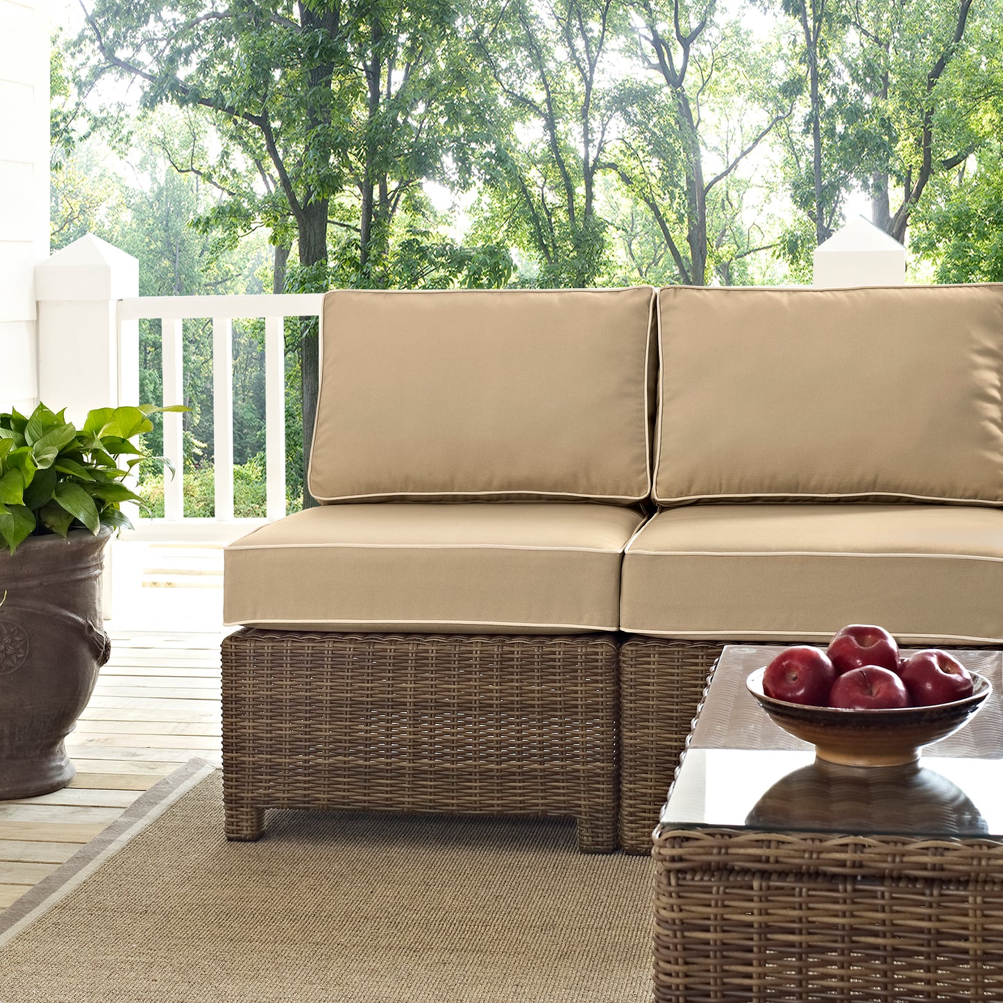 Bradenton 5Pc Outdoor Wicker Sectional Set Sand/Weathered Brown - Right Side Loveseat, Left Side Loveseat, Corner Chair, Arm Chair, & Sectional Glass Top Coffee Table