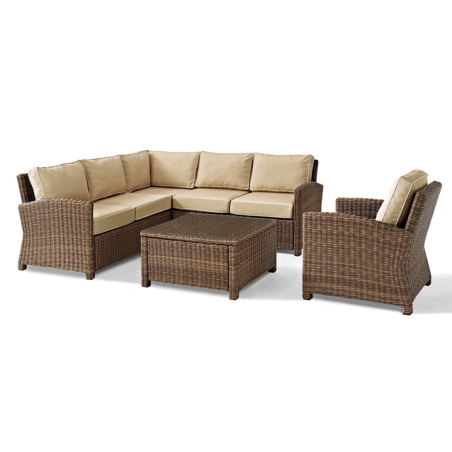 Bradenton 5Pc Outdoor Wicker Sectional Set Sand/Weathered Brown - Right Side Loveseat, Left Side Loveseat, Corner Chair, Arm Chair, & Sectional Glass Top Coffee Table