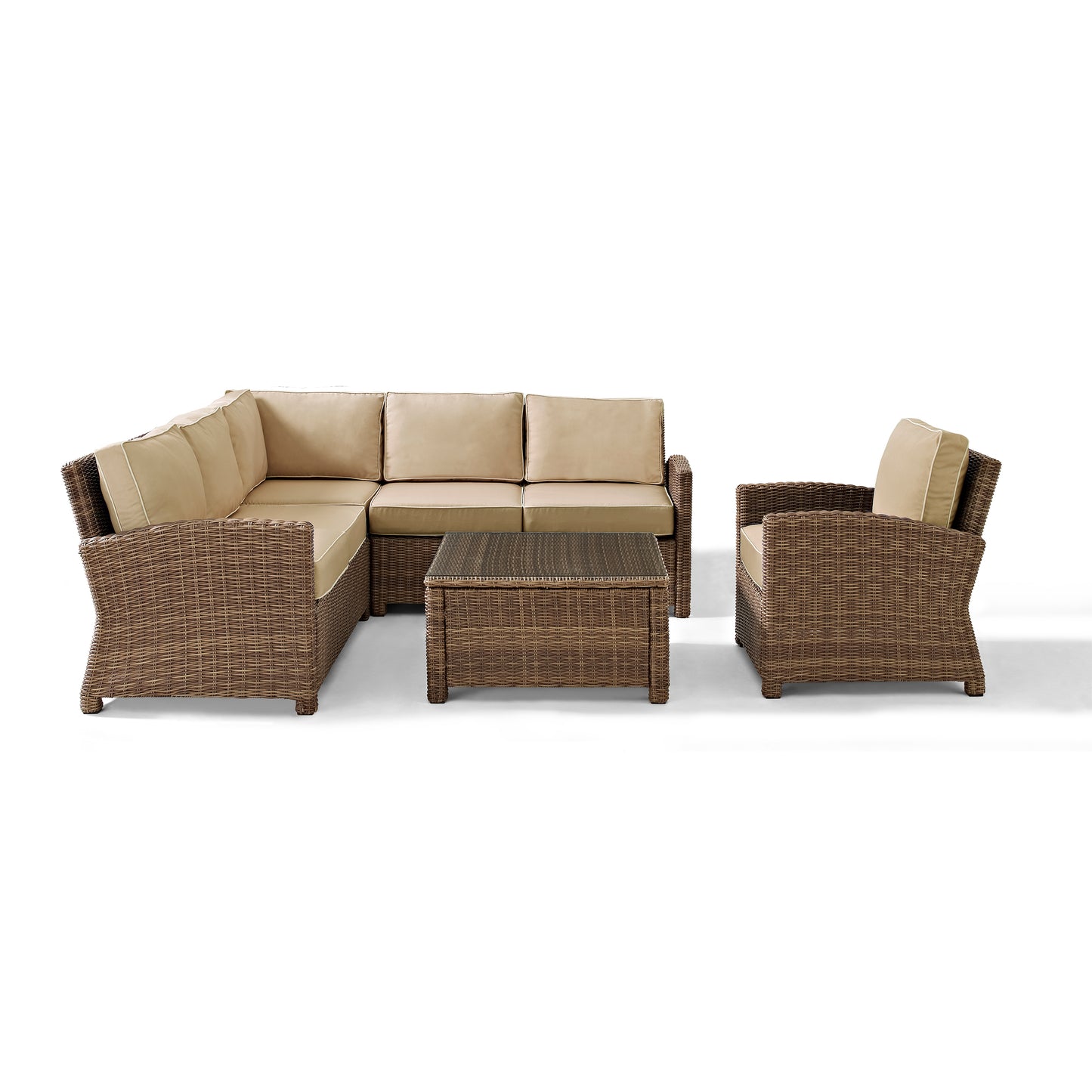 Bradenton 5Pc Outdoor Wicker Sectional Set Sand/Weathered Brown - Right Side Loveseat, Left Side Loveseat, Corner Chair, Arm Chair, & Sectional Glass Top Coffee Table