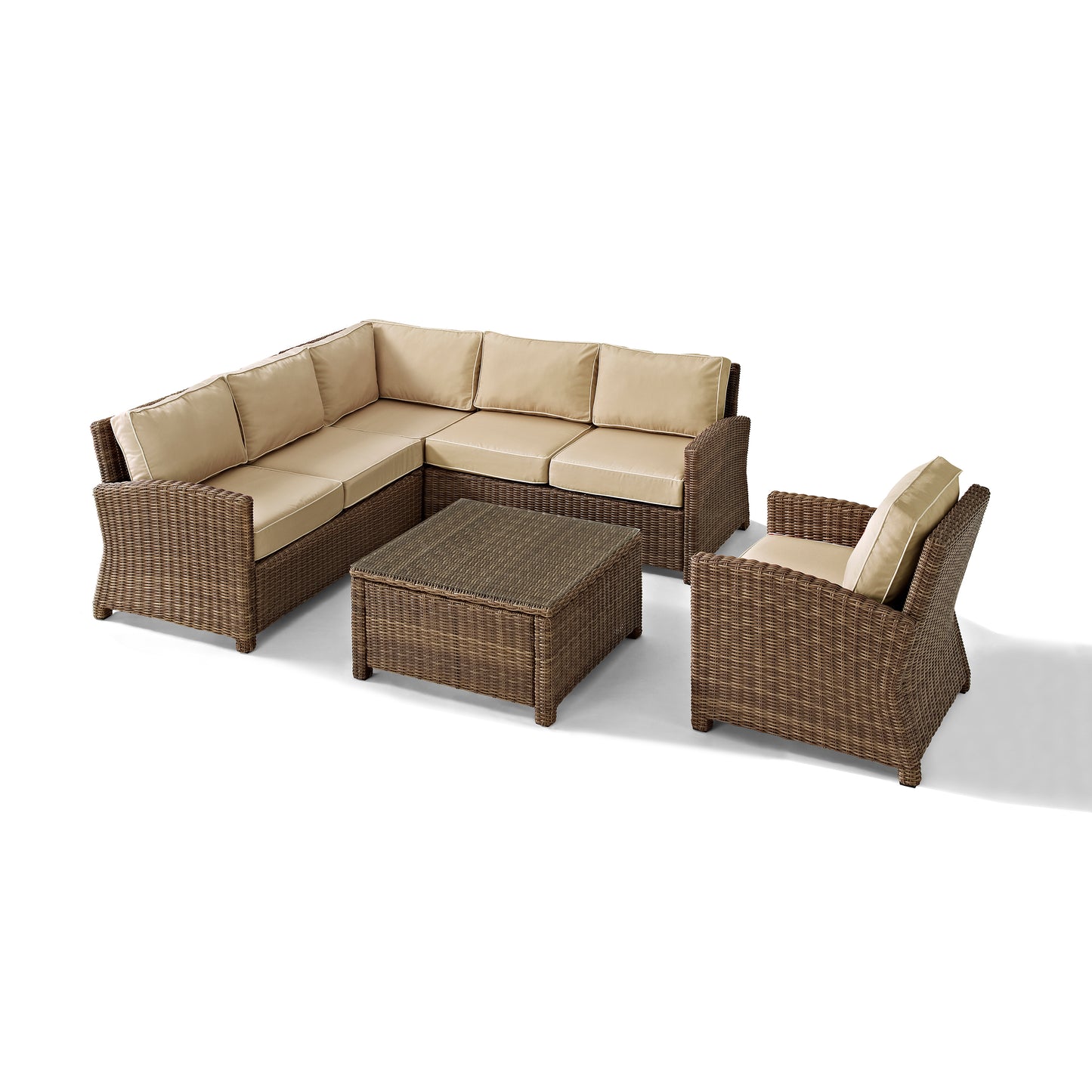 Bradenton 5Pc Outdoor Wicker Sectional Set Sand/Weathered Brown - Right Side Loveseat, Left Side Loveseat, Corner Chair, Arm Chair, & Sectional Glass Top Coffee Table